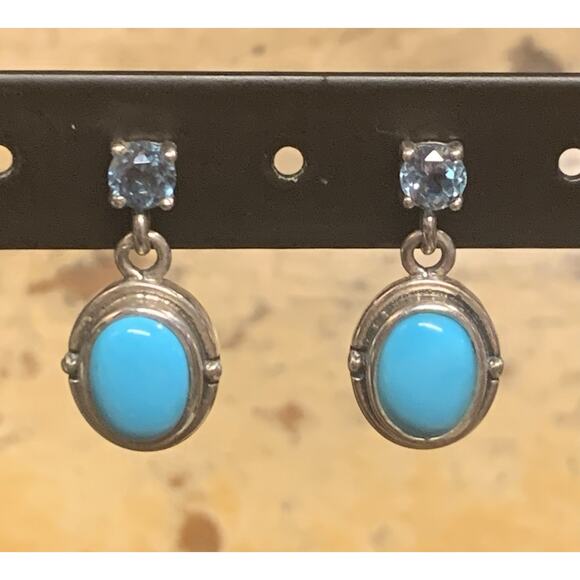 Sterling Silver, Sleeping Beauty Turquoise and Blue Topaz Dangle Earrings by NF - Picture 3 of 6